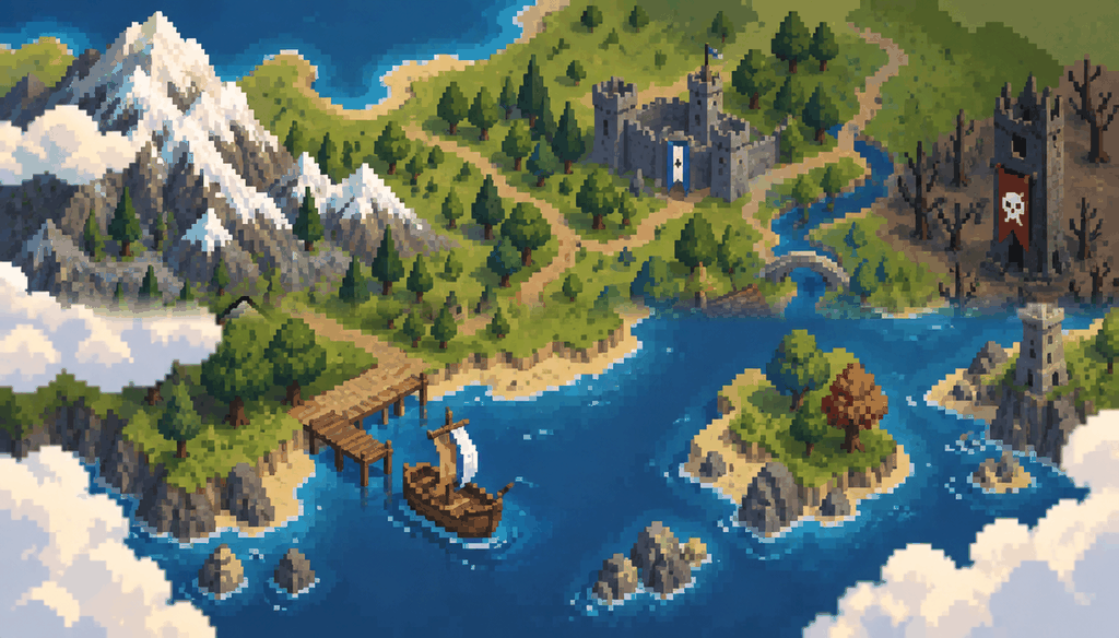 The world of SCAPED: snow mountains, a castle, a dark tower and a harbour